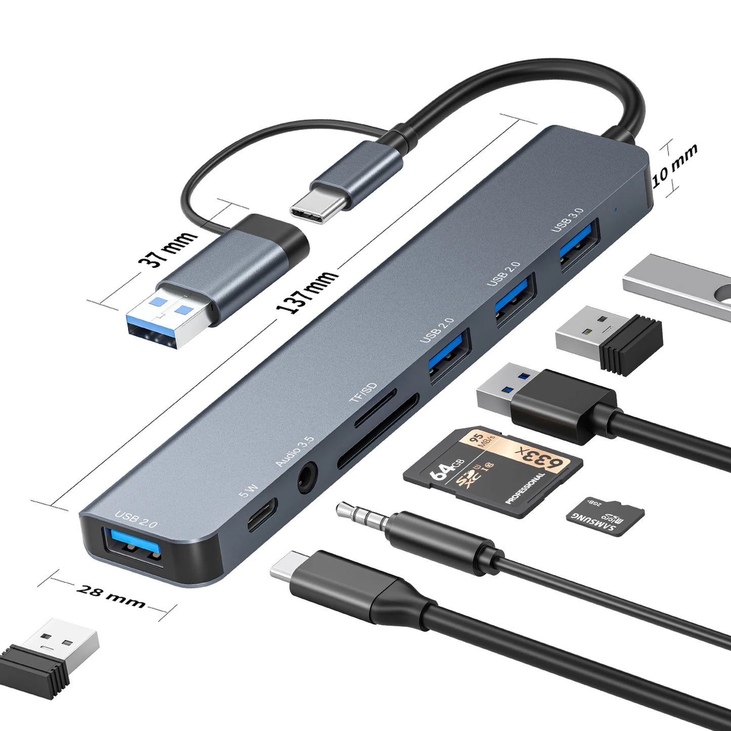 USB C Hub USB 3.0, Aluminum 8 in 1 USB Splitter with 1 X USB 3.0, 3 X