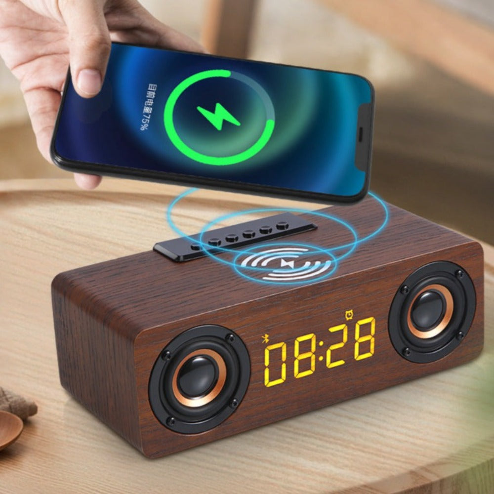 Wooden Retro Theme Wireless Speaker, Charger, & Alarm Clock