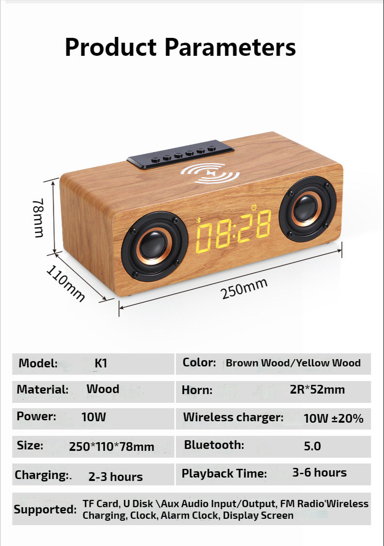 Wooden Retro Theme Wireless Speaker, Charger, & Alarm Clock