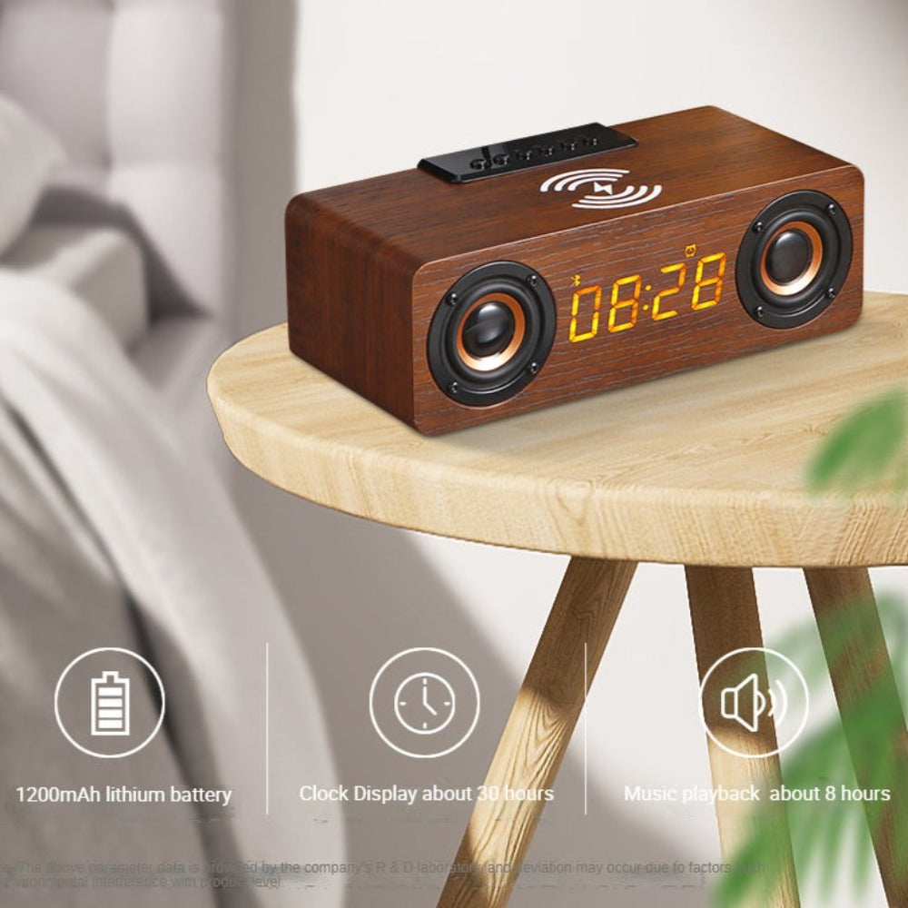 Wooden Retro Theme Wireless Speaker, Charger, & Alarm Clock