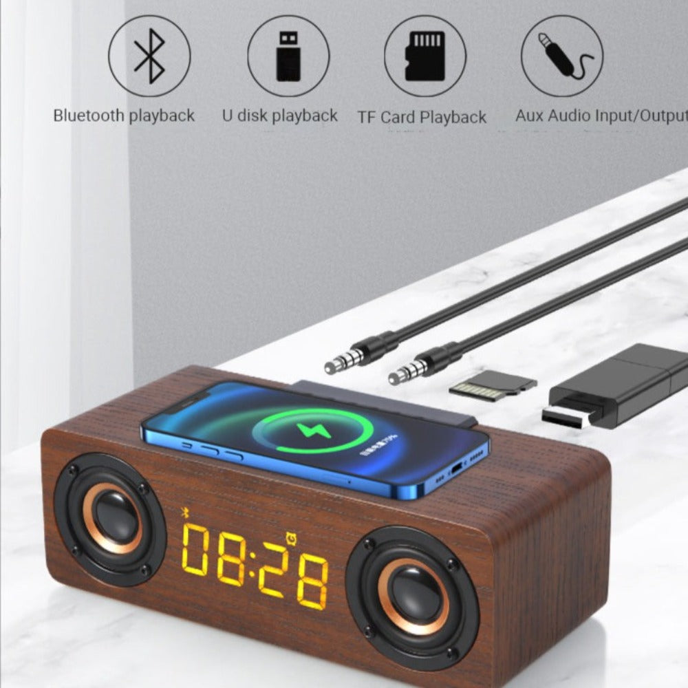 Wooden Retro Theme Wireless Speaker, Charger, & Alarm Clock