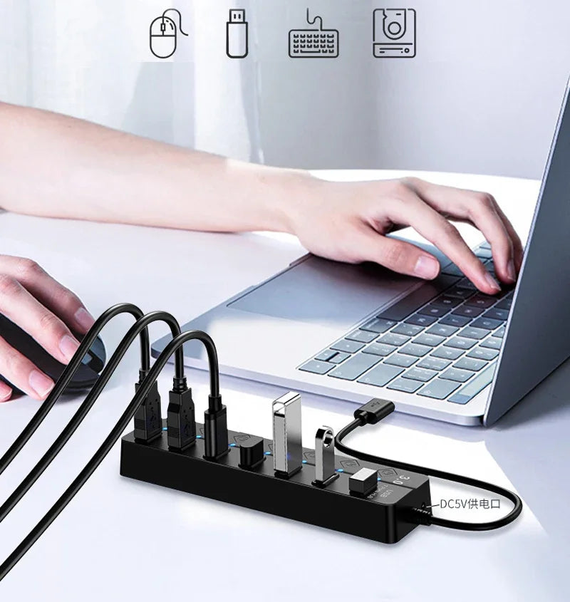 4/7-Port USB 3.0 Hub with LED Indicator Independent Switch Control for