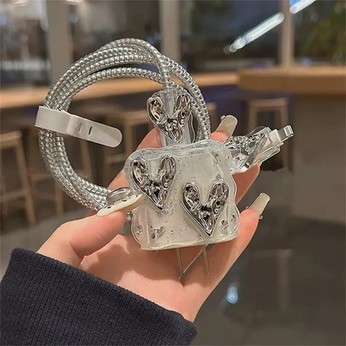 Plating Crooked Silver Love Heart Case for Iphone 18W/20W Charger