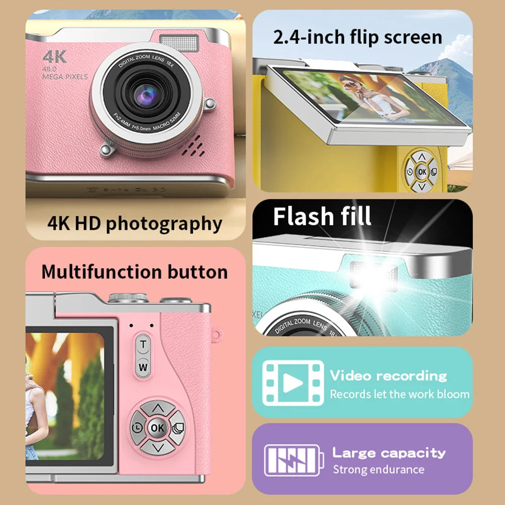 4K Digital Camera CCD 180° Flip Screen Selfie Camera 8X Digital Zoom
