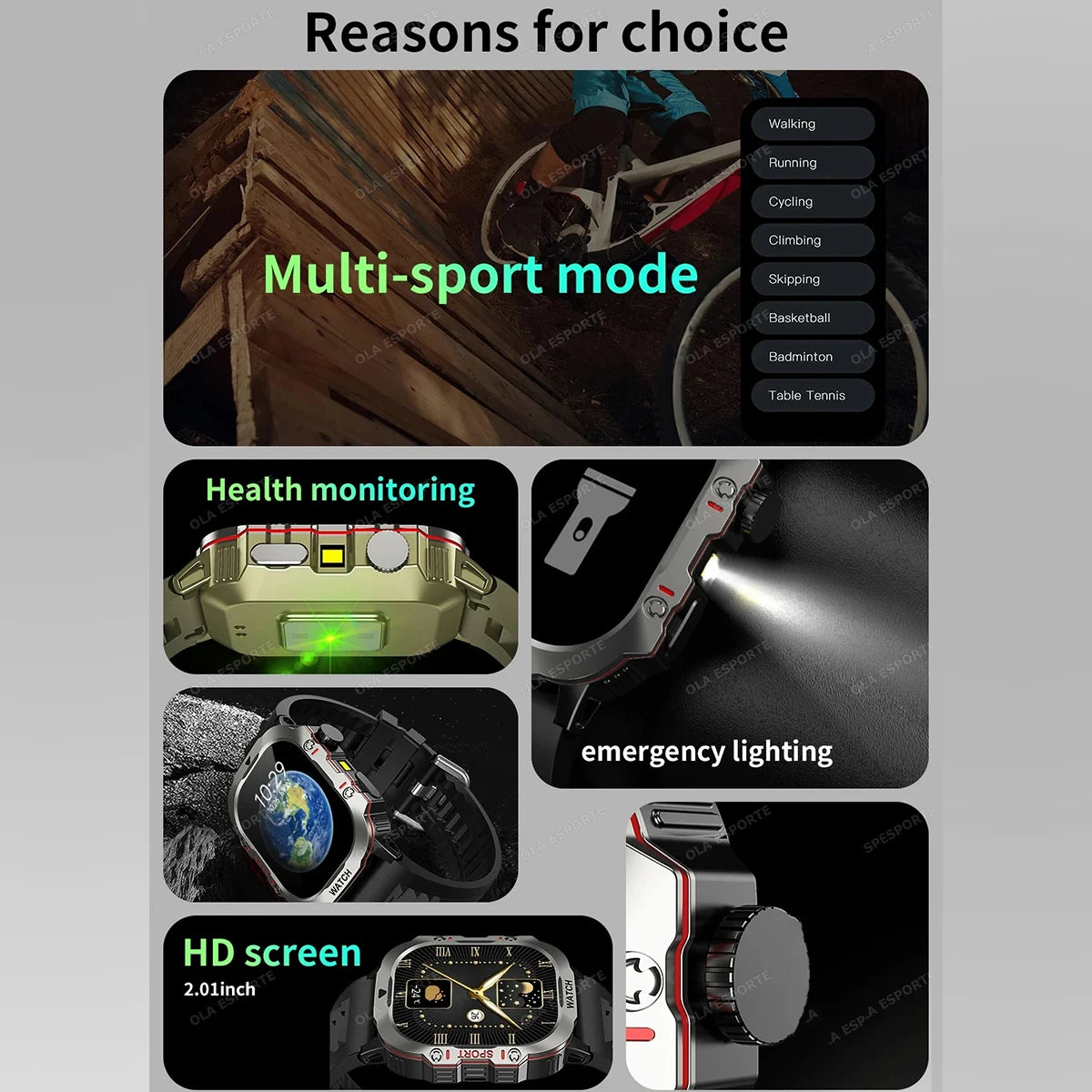 Military Sports Smart Watch 2.01" HD Touch Screen Bluetooth Call LED