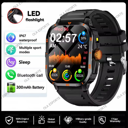 For Android IOS Millitary Smart Watch Men Flashlight Waterproof Health