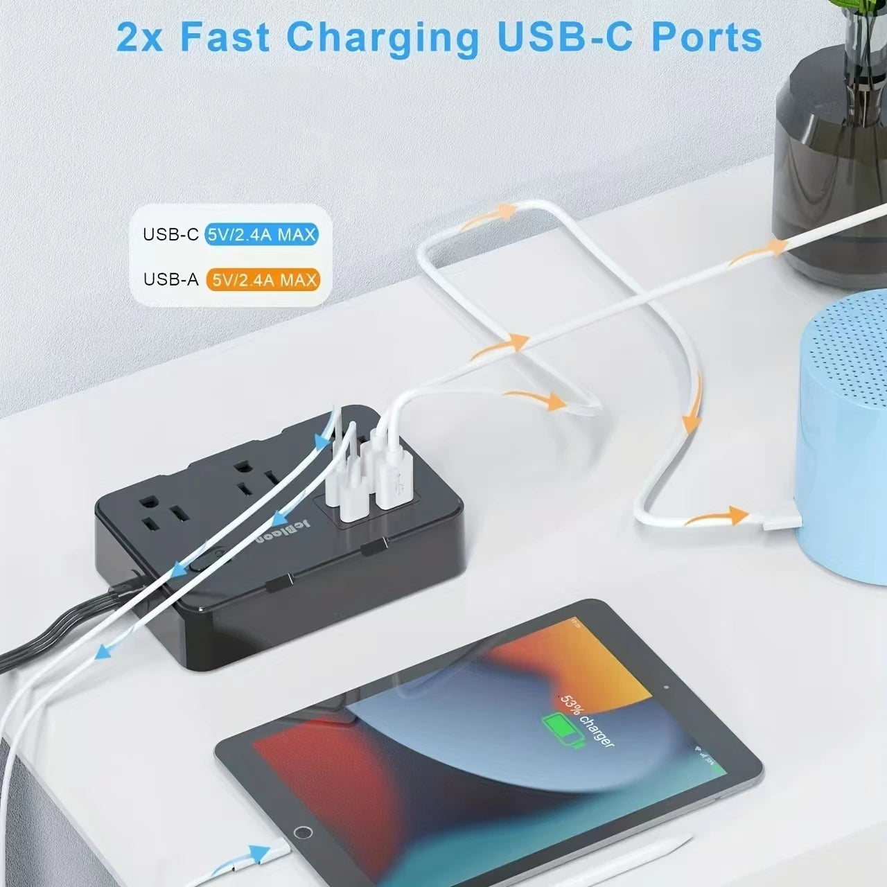 Ultra Thin Flat Plug Extension Cord with 4 USB Ports(2 USB C), 5ft