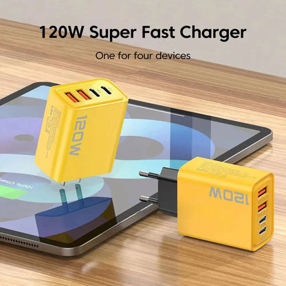 120W 4-Port USB-C Fast Charger with PD & QC 3.0 for iPhone or Android