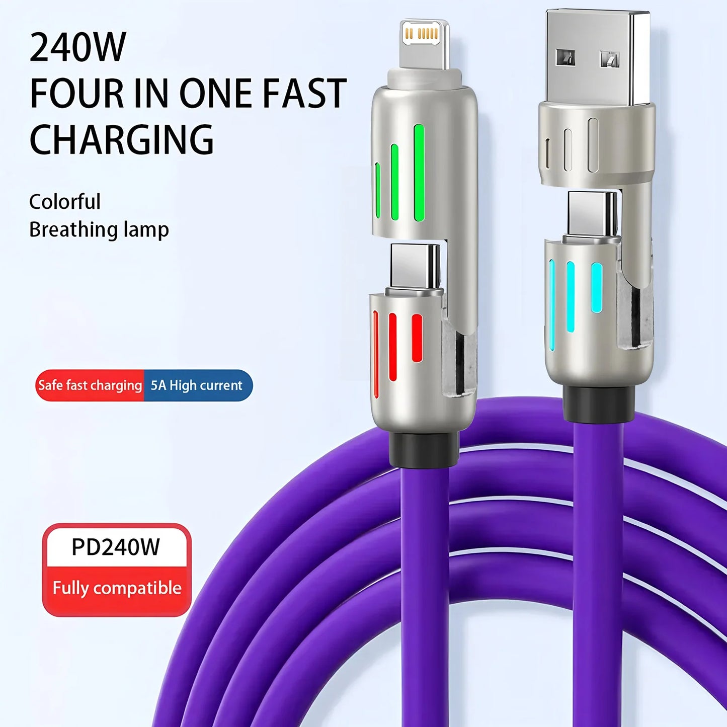 4-in-1 240W USB Type C Silicone Fast Charging Cable, For iPhone Huawei