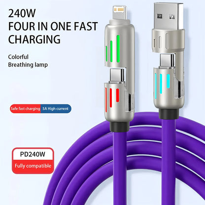 4-in-1 240W USB Type C Silicone Fast Charging Cable, For iPhone Huawei