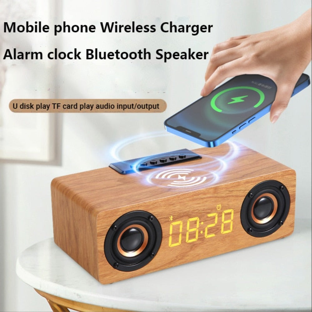 Wooden Retro Theme Wireless Speaker, Charger, & Alarm Clock