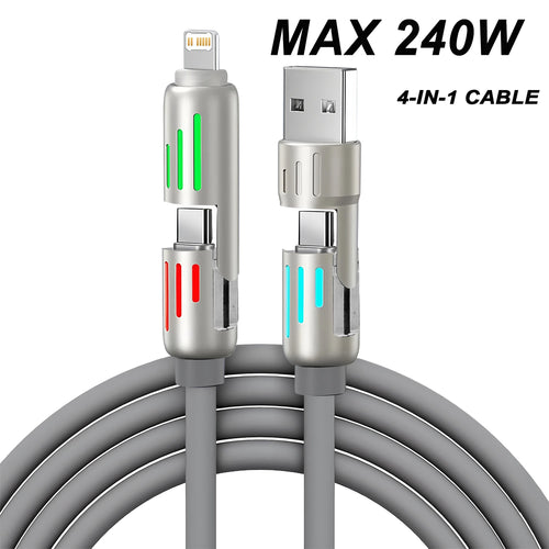4-in-1 240W USB Type C Silicone Fast Charging Cable, For iPhone Huawei