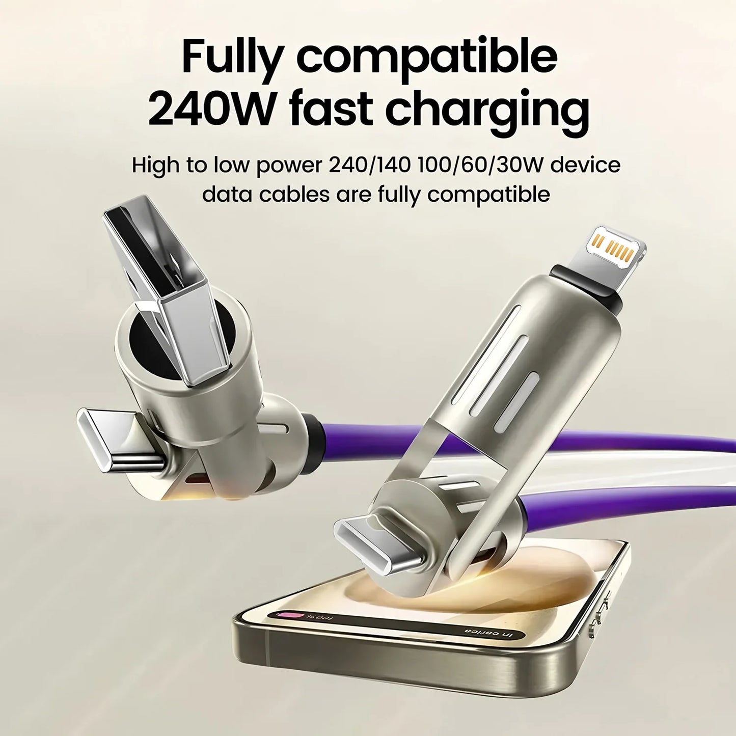 4-in-1 240W USB Type C Silicone Fast Charging Cable, For iPhone Huawei