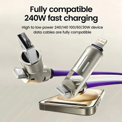 4-in-1 240W USB Type C Silicone Fast Charging Cable, For iPhone Huawei