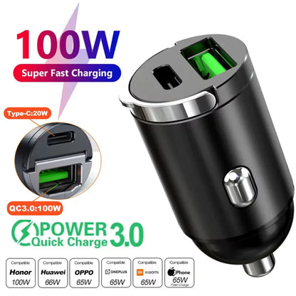 100W/200W QC3.0 PD Mini Car Charger 12-24V Lighter Fast Charging Car