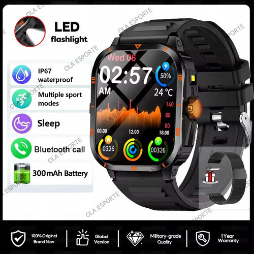 For Android IOS Millitary Smart Watch Men Flashlight Waterproof Health