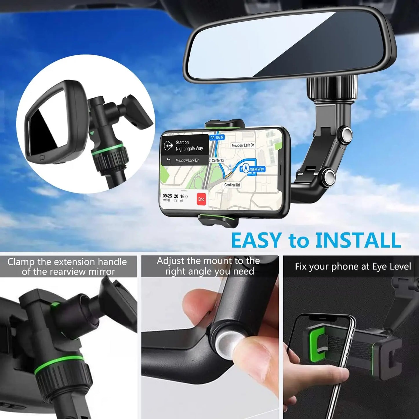 Rearview Mirror Phone Holder, 360° Rotatable and Retractable Car Phone