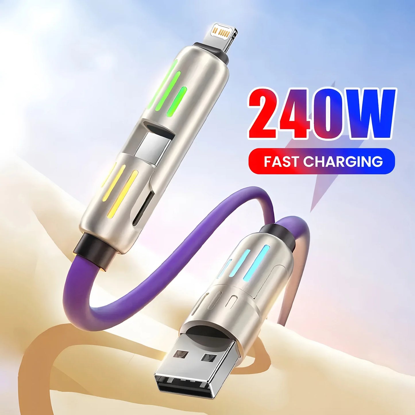 4-in-1 240W USB Type C Silicone Fast Charging Cable, For iPhone Huawei