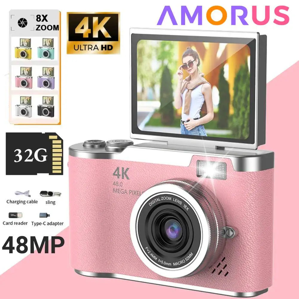 4K Digital Camera CCD 180° Flip Screen Selfie Camera 8X Digital Zoom
