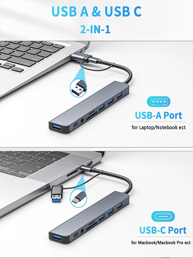 USB C Hub USB 3.0, Aluminum 8 in 1 USB Splitter with 1 X USB 3.0, 3 X