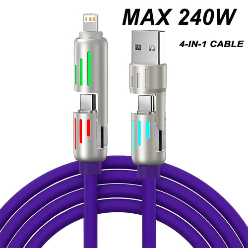 4-in-1 240W USB Type C Silicone Fast Charging Cable, For iPhone Huawei