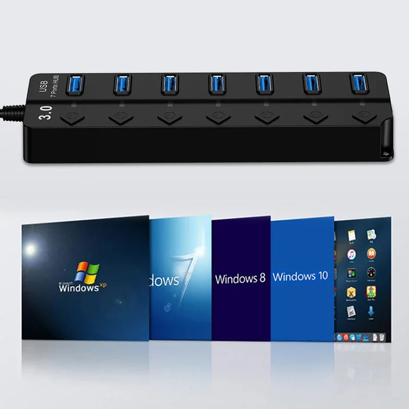 4/7-Port USB 3.0 Hub with LED Indicator Independent Switch Control for