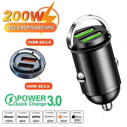 100W/200W QC3.0 PD Mini Car Charger 12-24V Lighter Fast Charging Car