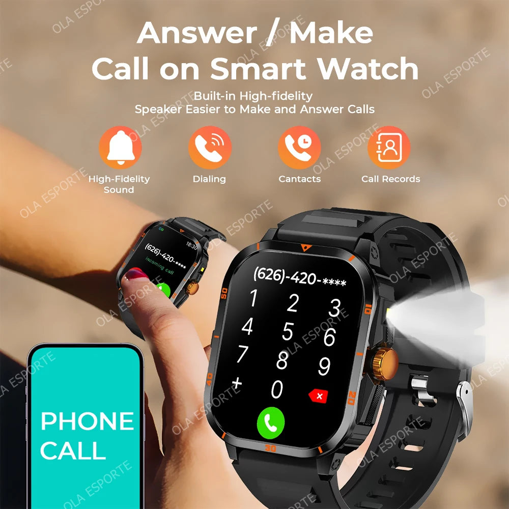 For Android IOS Millitary Smart Watch Men Flashlight Waterproof Health