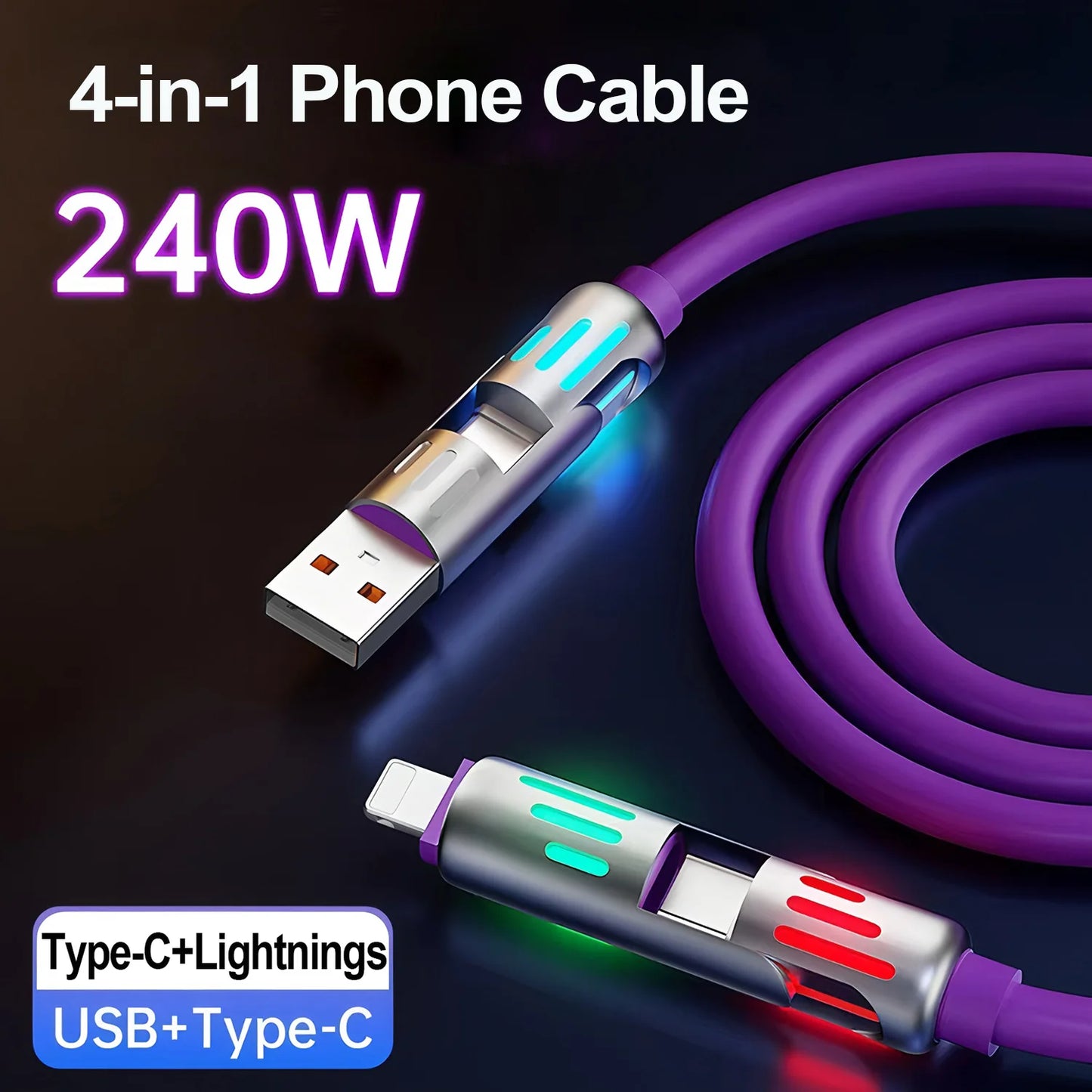 4-in-1 240W USB Type C Silicone Fast Charging Cable, For iPhone Huawei