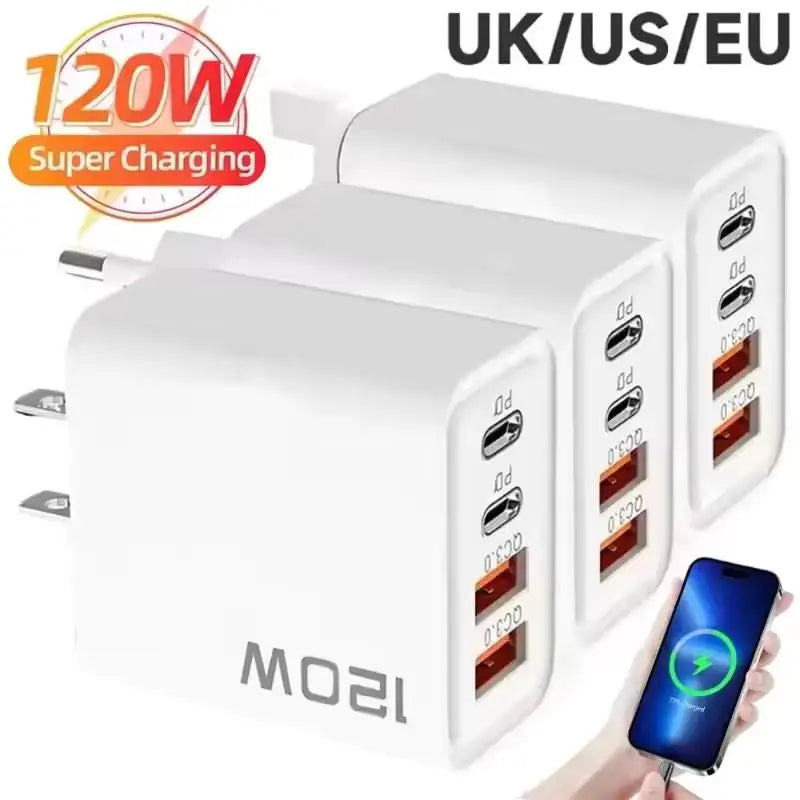 120W 4-Port USB-C Fast Charger with PD & QC 3.0 for iPhone or Android