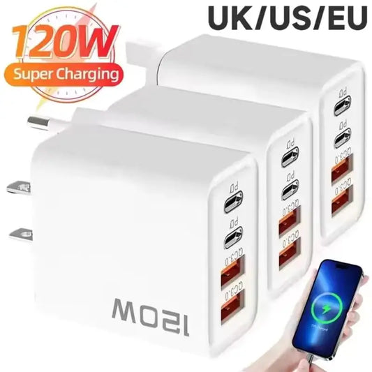 120W 4-Port USB-C Fast Charger with PD & QC 3.0 for iPhone or Android