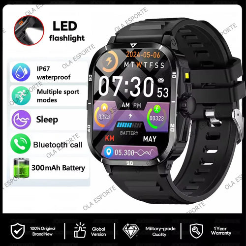 For Android IOS Millitary Smart Watch Men Flashlight Waterproof Health