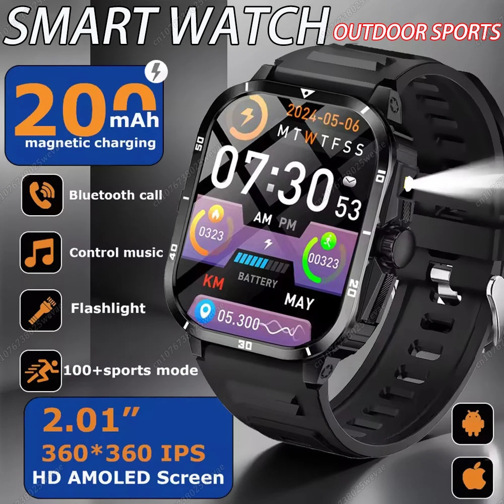 For Android IOS Millitary Smart Watch Men Flashlight Waterproof Health
