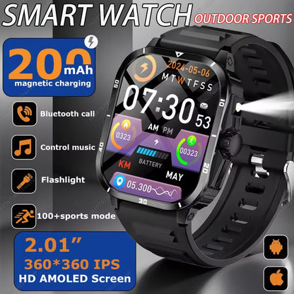 For Android IOS Millitary Smart Watch Men Flashlight Waterproof Health