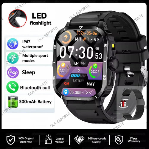 For Android IOS Millitary Smart Watch Men Flashlight Waterproof Health