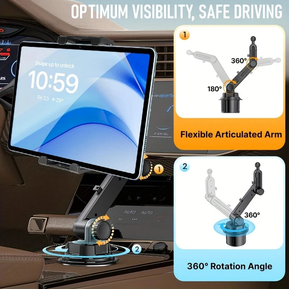 Universal 360 Car Tablet Stand Cup Holder Automobile Mount with Cable