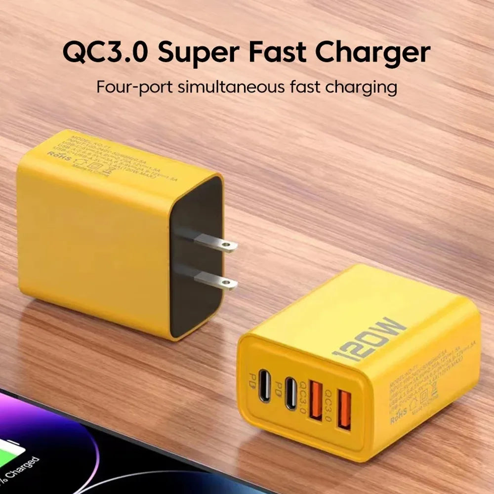 120W 4-Port USB-C Fast Charger with PD & QC 3.0 for iPhone or Android