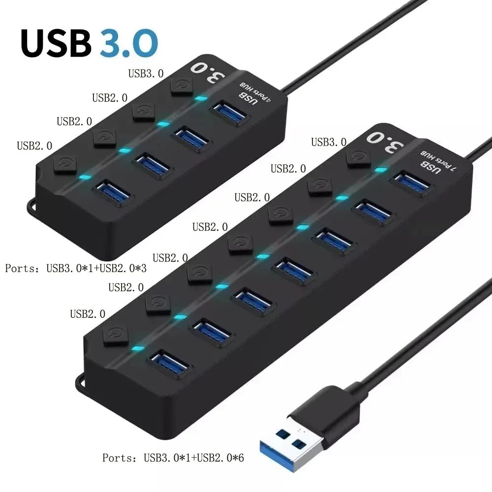 4/7-Port USB 3.0 Hub with LED Indicator Independent Switch Control for