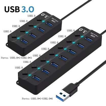 4/7-Port USB 3.0 Hub with LED Indicator Independent Switch Control for