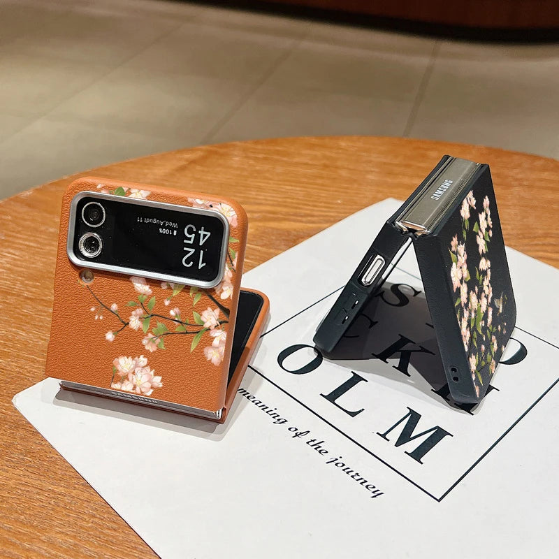 Flower Pattern Leather Texture Phone Case For Samsung Galaxy Z Flip 7