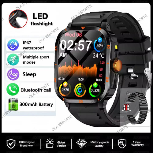 For Android IOS Millitary Smart Watch Men Flashlight Waterproof Health