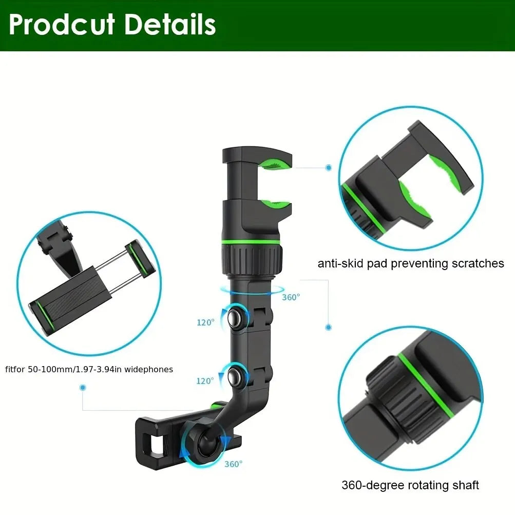 Rearview Mirror Phone Holder, 360° Rotatable and Retractable Car Phone