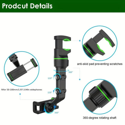 Rearview Mirror Phone Holder, 360° Rotatable and Retractable Car Phone