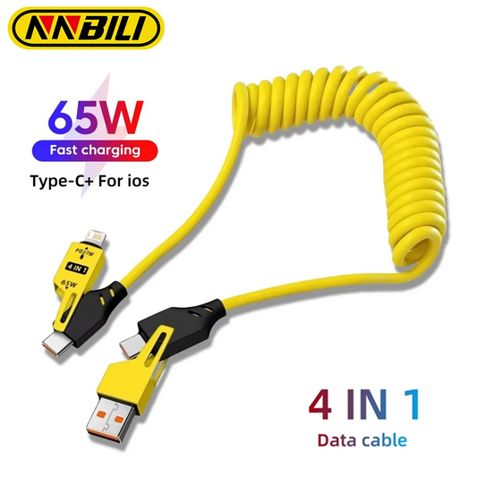 NNBILI 4 in 1 65W Spring Short Data Cable 6A USB Type C Spring