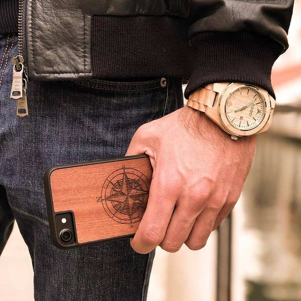 Wooden Engraved Compass Phone Case